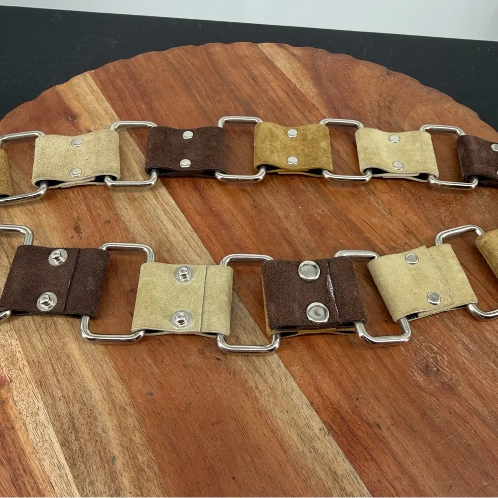Vintage Suede Leather Hippie Boho Chic Belt Square Links Snaps Rivets fits 34-38